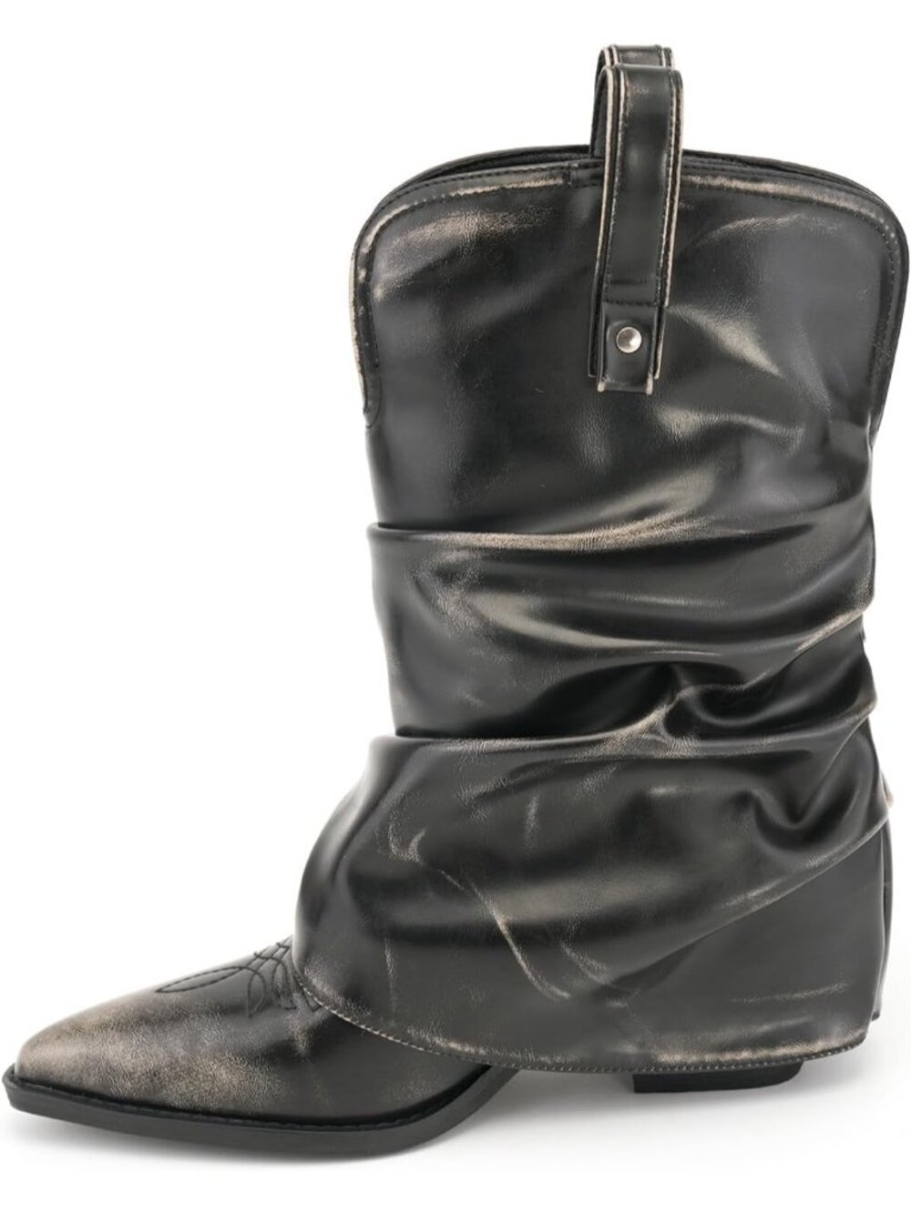 Women's Retro Grey Pointed Toe Western Fashion Riding Mid Calf Cowboy Boots - Picture 2 of 5